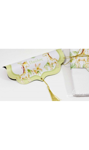 Trusou botez cu girafa si puiul ei cu frunze exotice de palmier si efecte watercolor Jungle Baby Giraffe 27
